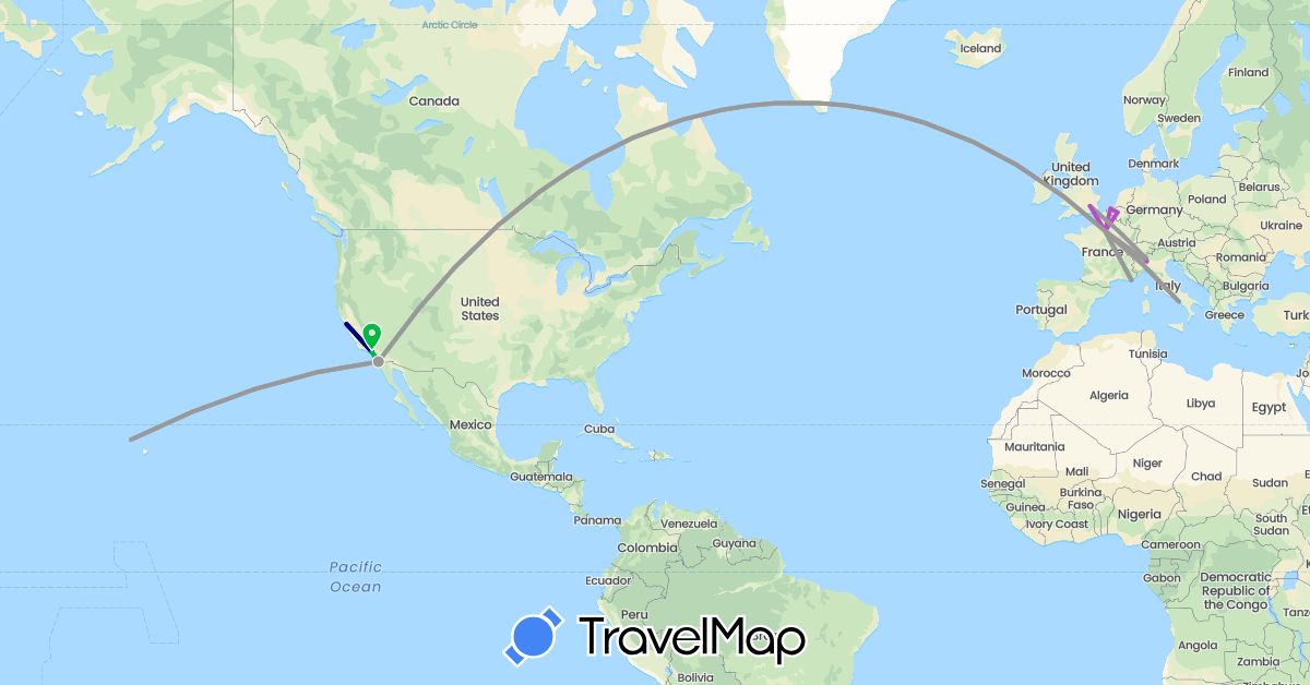 TravelMap itinerary: driving, bus, plane, train in Belgium, France, United Kingdom, Italy, United States (Europe, North America)